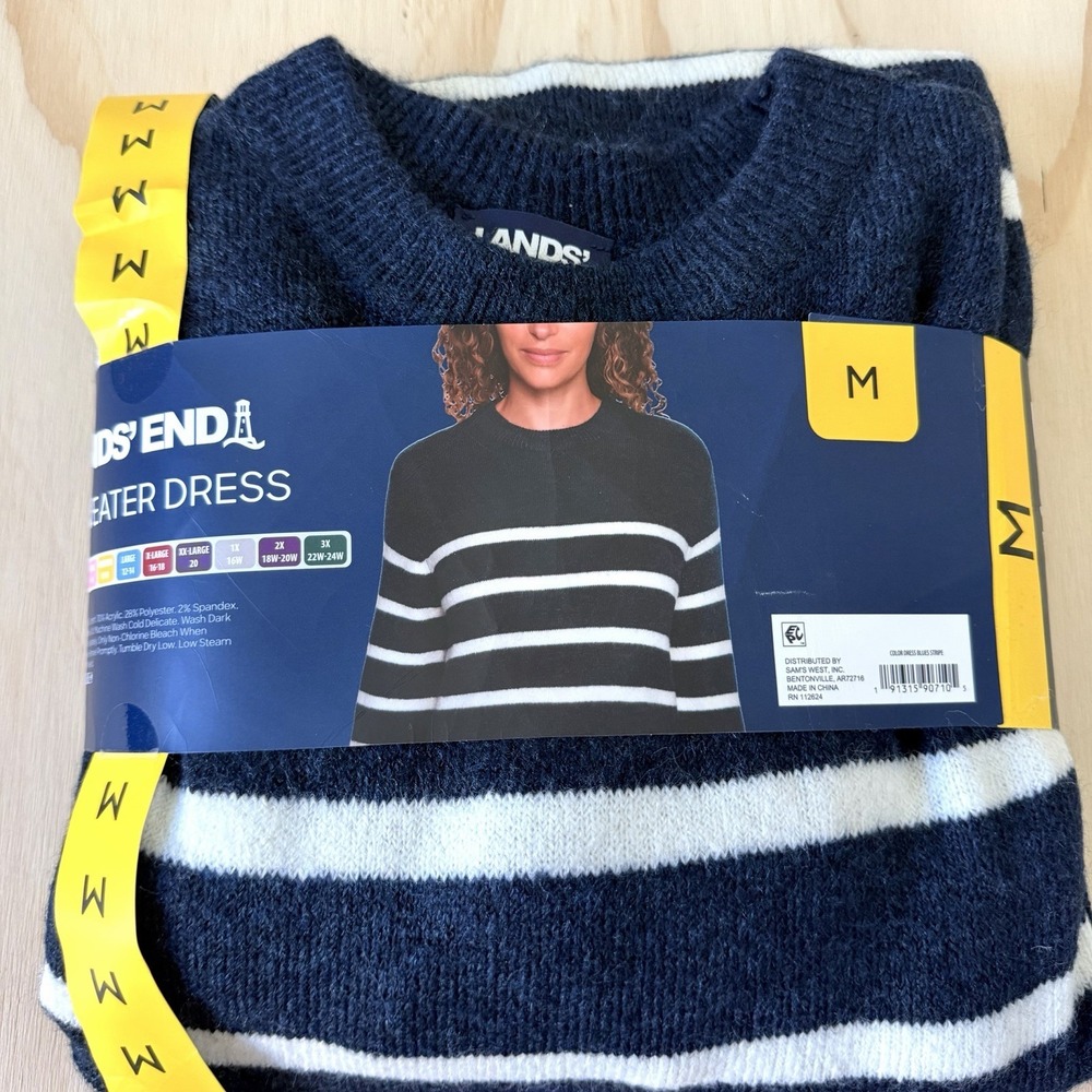 Lands' End Women's Long Sleeve Crewneck Sweater Dress Blue Stripe Medium